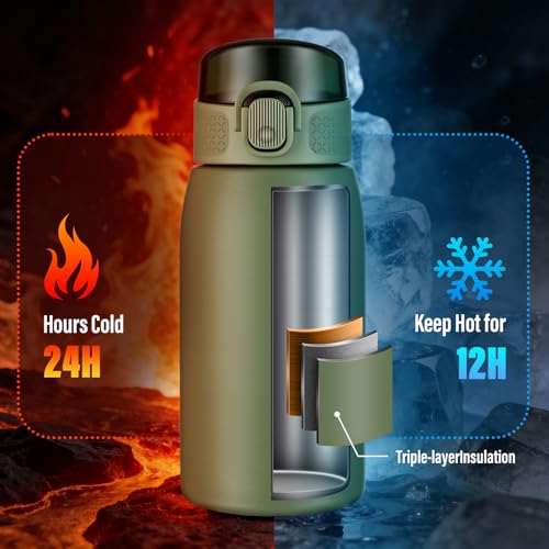 Image of Insulated Water Bottle 12 oz with Dustproof Lid, Carry Handle & Tea Infuser, BPA-Free & Leakproof, Stainless Steel Water Bottles Ideal for Fitness, Hiking, Office & Outdoor Use (Olive Green )