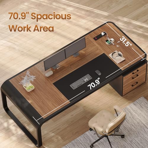 Image of Itaar 70.9 inch Executive Desk, Large Computer Desk with Drawers and Lateral File Cabinet, Office Desk with Removable Shelves, Business Furniture Desk Workstation for Home Office, Brown