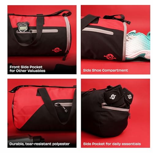 Image of Nivia Fuse Gym Duffle Bag for Men and Women, 25L Lightweight Training and Travel Bag with Shoe Compartment, Quick Access Pockets, and Adjustable Strap, Designed for Athletes, Travel (Black /Red)