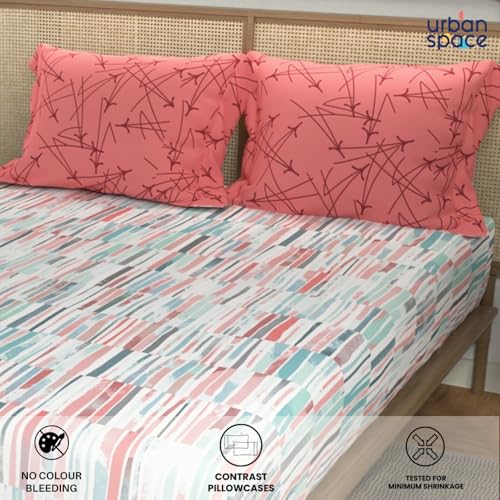Image of Urban Space Divine Collection 144 TC 100% Cotton Double Bedsheet with 2 Pillow Covers, Stripes Pink
