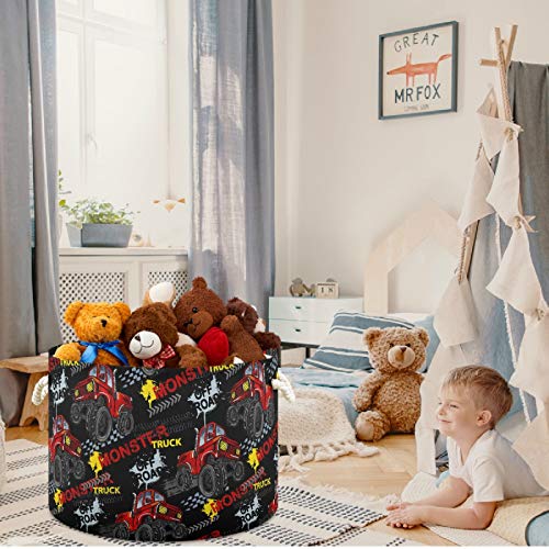 Image of visesunny Collapsible Large Capacity Basket Cool Monster Truck Clothes Toy Storage Hamper with Durable Cotton Handles Home Organizer Solution for Bathroom, Bedroom, Nursery, Laundry,Closet