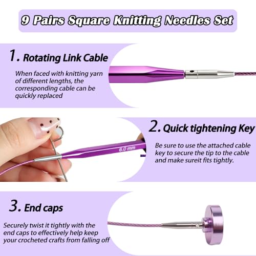 Image of Yarniss 9 Pairs Square Circular Knitting Needles Set US 2.5~11, Interchangeable Knitting Needles Set,4.5 inch Aluminum Cubic Tips with 4 Flexible Cables&Storage Case