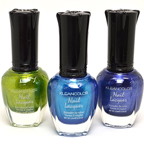 3 Kleancolor Nail Polish Metallic Green Aqua Sapphire Dark Color Lacquer 3SET53 + Free ZipBag
