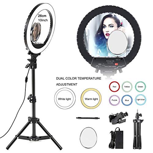 LED Ring Light 10" with Tripod Stand & Cell Phone Holder for Live Streaming & YouTube Video, Dimmable Selfie Desk Makeup Ring Light for Photography