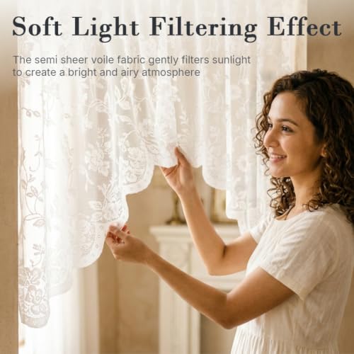 Image of HASTHIP Lace Arched Sheer Curtain Embroidered Rod Pocket Tier | Lightweight and breathable, delicate lace embroidery pattern and machine washable for easy daily maintenance