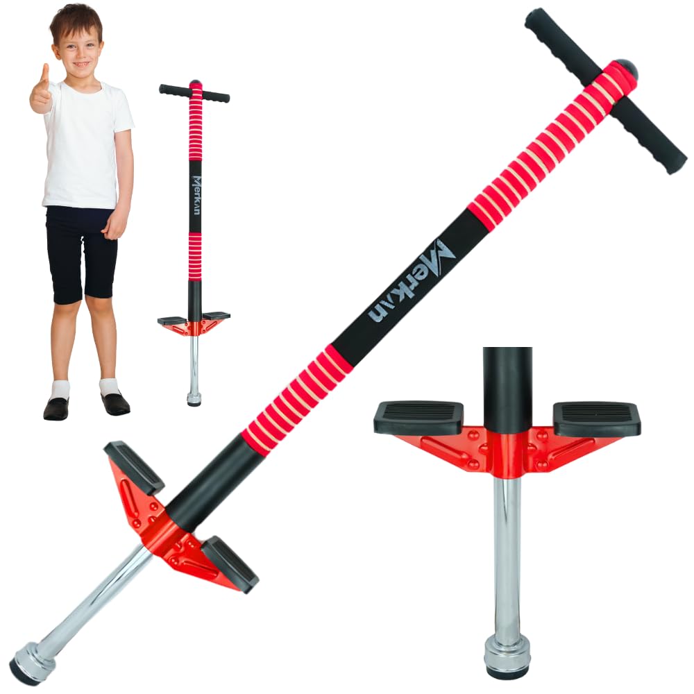 Merkan Pogo Stick, Jump Stick, Springen, Muster für Kinder, Jungen und Mädchen, Lenker aus Weichschaum, bis 70 kg (Schwarz/Rot)
