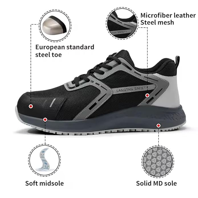 Image of BERKINS Men's Steel Toe Safety Shoes, Black, Mesh and Microfiber Leather, Lace-Up, Lightweight for Work and Construction