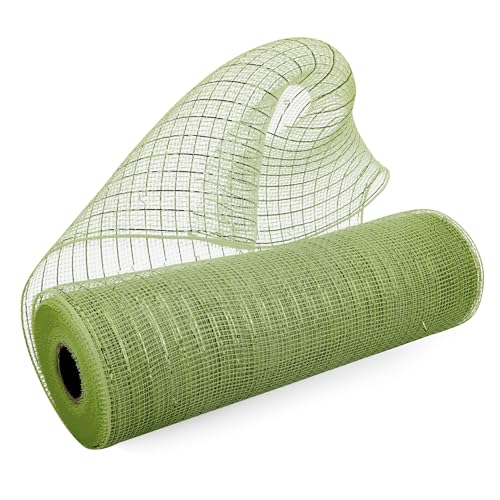 1 Roll Deco Mesh Ribbon 10 inch x 30 feet Metallic Poly Mesh Roll for Holiday Decorating DIY Door Wreath Supplies Christmas Tree Gift Wrapping Floral Crafting (Moss Green with Foil)