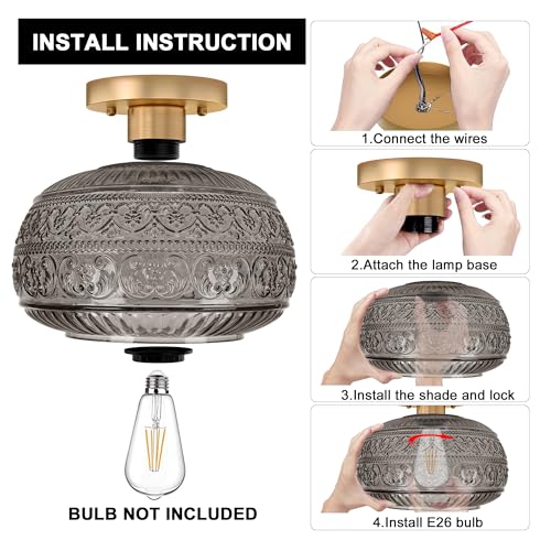 Semi Flush Mount Ceiling Light Fixture, 11" Vintage Gold Hallway Lights Fixture Ceiling with Grey Glass for Kitchen, Hallway, Bathroom and Entry Way,Compatible with E26 Light Bulb