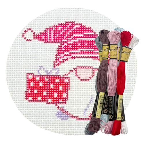 Image of Howie's Needlepoint Needlepoint Kits, 18CT Printed Embroidery Pattern Starter Kits, Stamped Patterns Canvas Kits(Gnome with Red Gift,4x4inch)