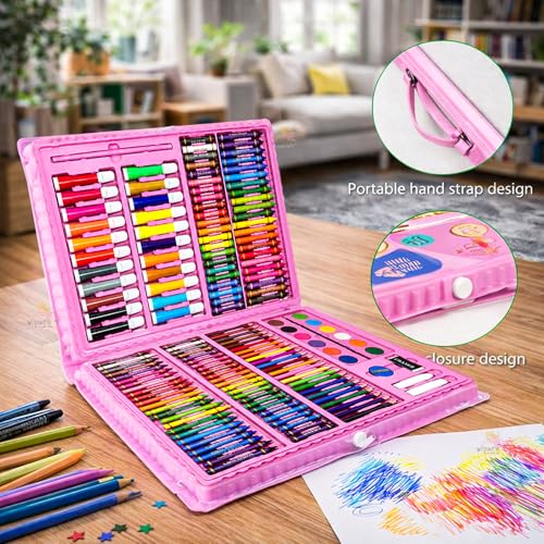 Image of WISHKEY 208 Pieces Art Set for Kids with Storage Case, All in One Art and Craft Supplies Kit for Drawing and Painting with Marker, Watercolor, Pens, Crayons, Color Pencils (Pack of 1, Pink)