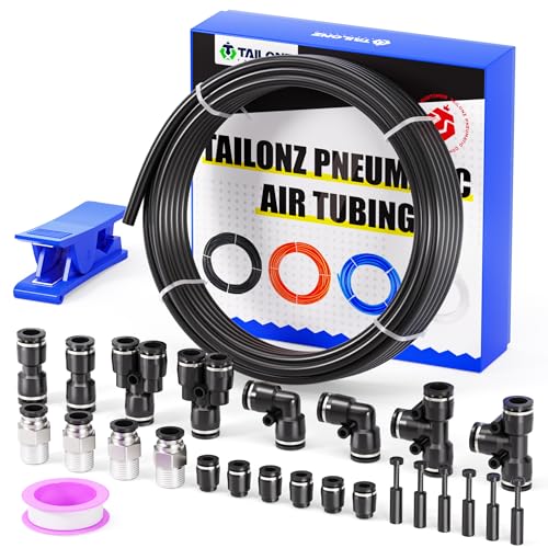 Image of TAILONZ PNEUMATIC Black 3 /8 Inch OD 16 Meter 50ft PU Polyurethane Air Tubing Kit Pipe Hose Air Line Tubing Air Hose Fittings Push to Connect Fittings(27PCS)