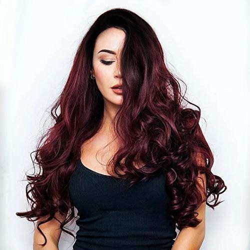 99j Lace Front Wig with Dark Roots Long Wavy Synthetic Wigs for Women Glueless Ombre Burgundy Hair Heat Resistant for Daily