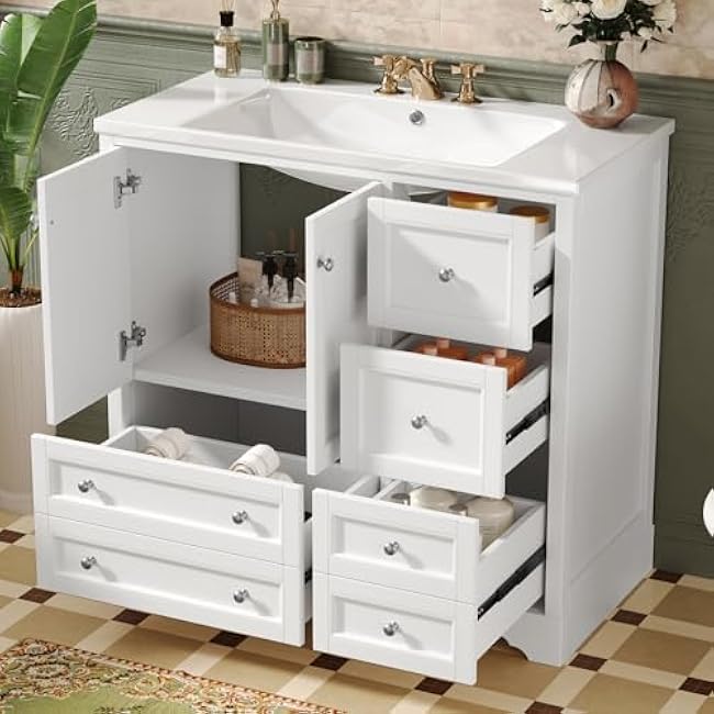 Freestanding 36 Bathroom Vanity with Resin Basin Sink Top Set, Modern 2-Doors Bathroom Storage Cabinet with 4 Drawers, Undermount Lavatory Cabinet Sink Combo, White