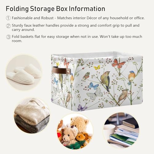 Image of Watercolor Bird Butterfly Storage Basket Bin for Shelves Closet Vintage Foldable Fabric Storage Box Cube with Handles Kids Gifts Toys Cloth Shelf Basket Organizer for Bedroom Nursery Home Decor