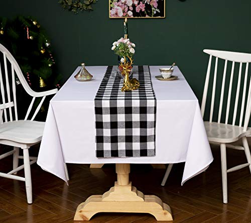 Wracra Buffalo Plaid Table Runner Checkered Round Table Runner for Wedding Kitchen Dinning Room Party Home Picnic (White and Black, Table Runner 13\"×108\")