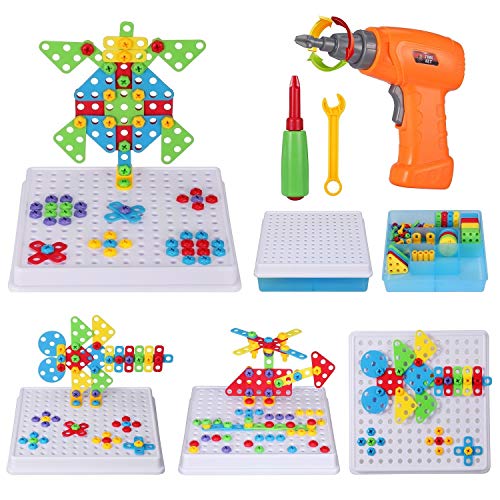 Creative Mosaic Drill Set, Drilling Toy with Screwdriver Tool, Trendy Bits Drill for Kids STEM Engineering Toys Puzzle, Toddler Drill Set Mosaic Design Building Blocks for 3 4 5 6 7 8 Year Olds