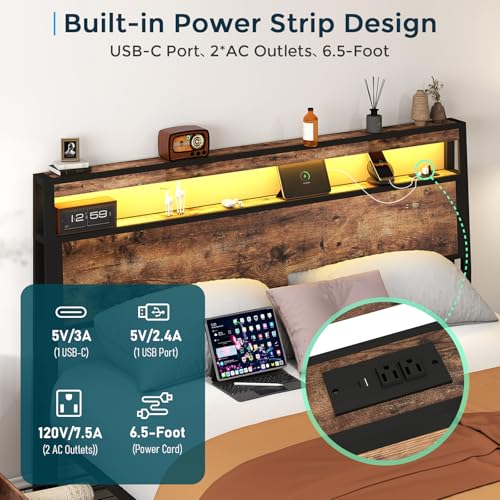 Image of Full Size Bed Frame with 4 Storage Drawers, Full Bed Frame, Vintage Brown | LED Light, Charging Station, Wood Headboard, Metal Platform, No Box Spring Needed, Noise Free, Easy Assembly