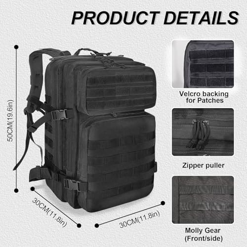 HEMSO Military Backpack 45L Waterproof Tactical Backpack Molle Backpacks Large Assault pack for Travelling Hunting Hiking Camping Fishing Trekking Gym(Black) - Image 2