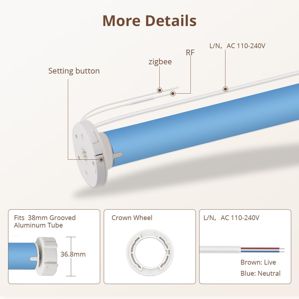 Tuya Zigbee Moteur de store enrouleur intelligent ultra silencieux, charge de 9 kg, 2 vitesses, compatible avec un tube de 38 mm, fonctionne avec HomeKit Google Home Tuya & Home Assistant (HA), hub M6