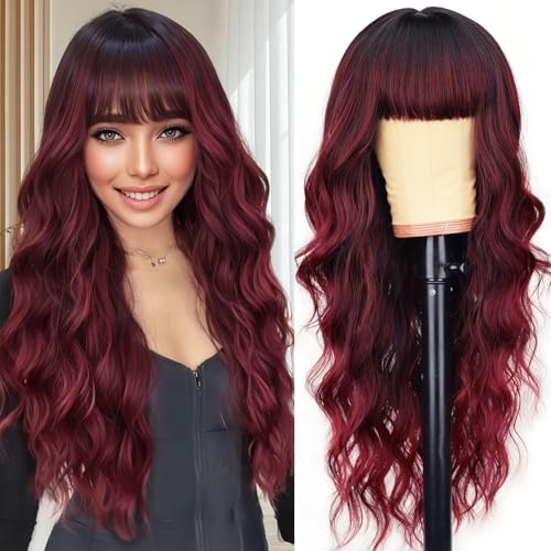 AISI HAIR Omber Burgundy Wig with Bangs Long Wavy Synthetic