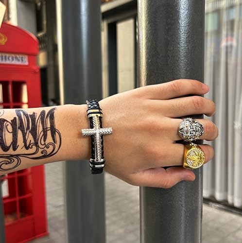 Bracelets pour hommes cuir et croix look décontracté chic - 2