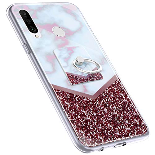 Urhause Cover Compatible with Huawei P30 Lite Case Sparkle Glitter Bling Marble Case TPU Silicone Ring Holder Cover 360 Degree Rotation Ring Holder Kickstand Shiny Bling Shockproof Cover Red