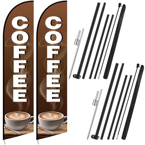 Remagr 2 Pcs 15 ft Coffee Feather Flag Coffee Advertising Swooper Banner with Pole and Ground Stake Windless Shop Sign Tall for Outdoor Business Advertising