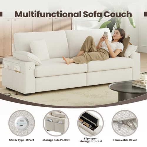 Image of MALOL 89 inch Loveseat Couch, 3 Seater Upholstered Mid-Century Mondern Love Seat with USB Type C Ports, 4 Pillows and Storage Armrest Cloud Foam Sofa for Living Room /Small Spaces, Beige