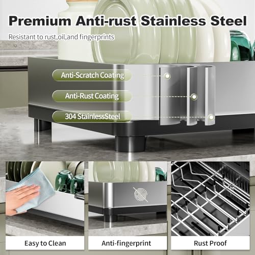 Image of Ewaiira Dish Drying Rack, 304 Stainless Steel Dish Racks for Kitchen Counter, Dish Drainers with Automatic Drainage, Utensil Holder & Cups Holder, Space Saving Kitchen Organizer (1-Tier Silver)