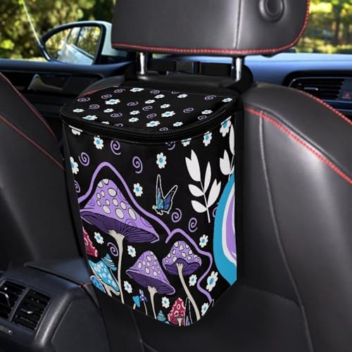 Image of Purple Hippie Mushroom Car Trash Bag Hanging Auto Garbage Bin Can with Lid,Leak Proof Reusable Adjustable Strap Car Garbage Bag for Travel /Picnic