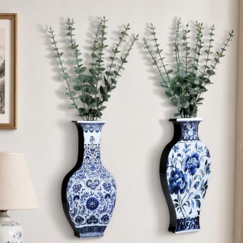 Blulu 2 Pack Wooden Wall Vase Set with Faux Eucalyptus Plants Blue and White Wooden...