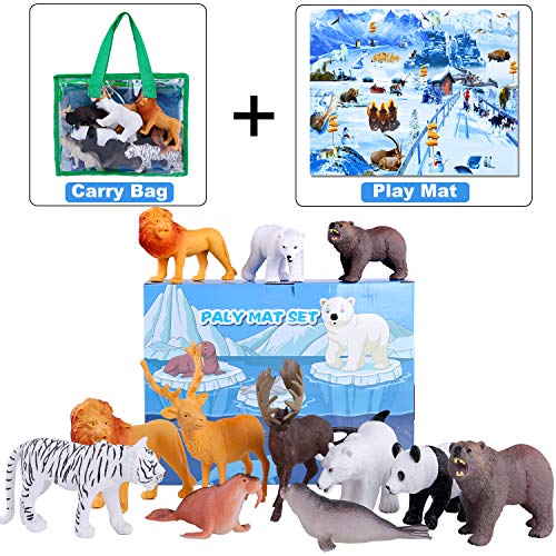 GINMIC Polar Animals Figurines Toys with Large Activity Play Mat, Educational Realistic Animal Figures Toys Playset Including Penguin, Polar Bear and More, for 3 4 5 6 7 8 Boys & Girls