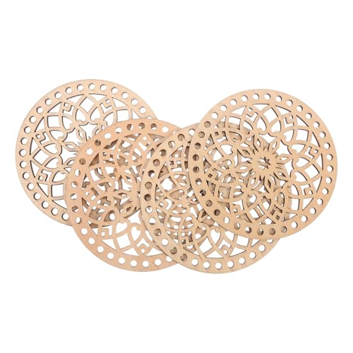 Lurrose Lot de 4 Fonds Ronds en Bois Naturel pour Panier au Crochet Bases de Paquet au Crochet 14 CM Supports Creux pour Tissage Dessous de Verre Polyvalents pour Artisanat et Vannerie