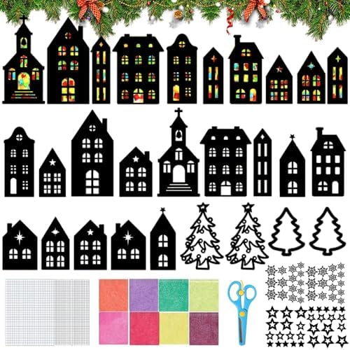TUIBEIDAMAI 32 Stück Weihnachten Basteln Kinder Fenster, Weihnachts Bastelset Fensterbilder, Haus, Weihnachtsbaum, Terne, Bunte Weihnachten Deko, Kreatives DIY Bastelset Weihnachte
