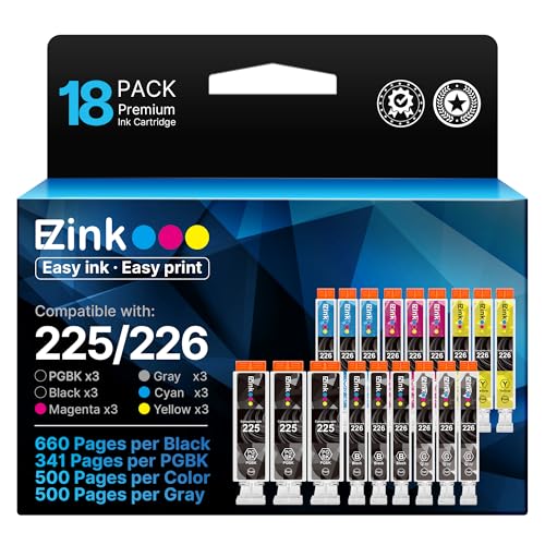E-Z Ink Compatible Ink Cartridge Replacement for Canon PGI-225 CLI-226 to use with MG6220 MG6120 MG8220 MG8120 MG8120B (3 Gray, 3 Large Black, 3 Small Black, 3 Cyan, 3 Magenta, 3 Yellow) 18