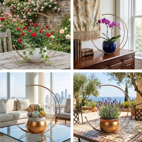 Image of Premium Moon Shape Metal Plant Stand with Golden Pot | Modern Crescent Iron Planter for Indoor Plants | Decorative Tabletop Flower Pot for Living Room, Balcony & Home Decor (Moon Flower Pot)