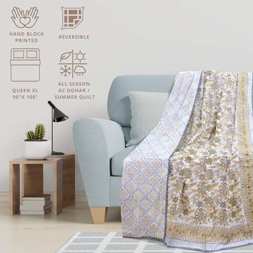 Image of TOAIArt Premium Jaipuri Dohar | AC Blanket Summer Quilt | Hand Block Printed | 3 Layers | Reversible | 150GSM 100% Mulmul Cotton | 100% Cotton Flannel Filling | Queen 90 inch X 108 inch |Autumn Leaves