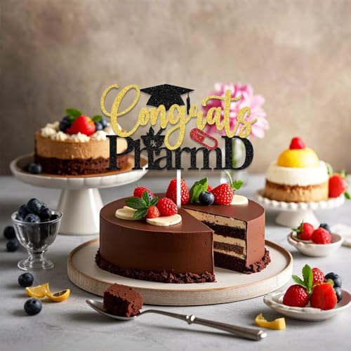 BOMXOI Congrats PharmD Cake Topper Finally PhinisheD Cake Decor Class of 2026 Pharmacists Graduation Party Decorations Supplies Black & Gold Glitter by BOMXOI - Used condition - Image 4