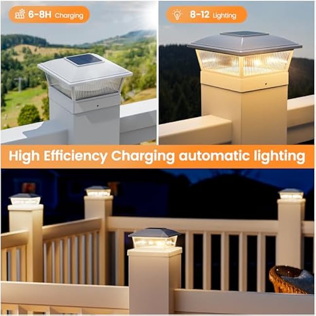 APONUO Solar Post Cap Lights, 2 Lighting Modes 16 LEDs Fence Post Lights for 4x4 5x5 6x6 Wooden/Vinyl Posts, Outdoor Waterproof Deck Solar Powered for Fence Deck Patio, White 4 Packs