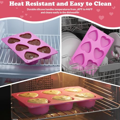 Image of HKNMTT Heart Silicone Molds Valentine's Day for Baking Cake Chocolate Cocoa Bomb, Love Shaped Jello Chocoflan Oreo Moulds, 6 Cavity 2 Pack Soap Craft Oven Safe DIY Handmade Gift Pan