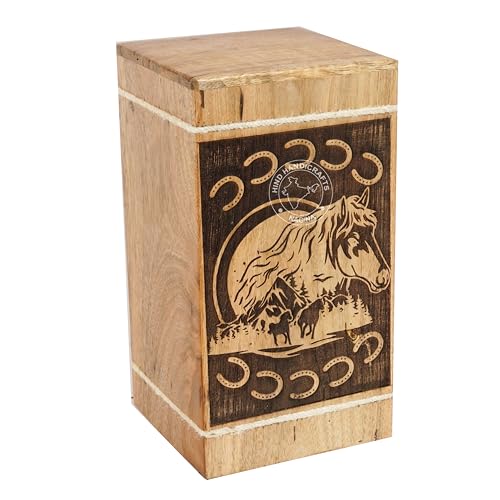 Image of Handcrafted Floral Engraved Wooden Urns for Human Ashes Adult Large - Cremation Urn for Ashes - Burial Urn for Columbarium - Funeral Urn Box (Horse 3, 250 LB - Hardwood)