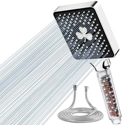 Magichome Filter Shower Head and Hose 1.5M Square High-Pressure Shower Head with 6 Modes Large Powerful Handheld Showerhead for Residual Chlorine Remove