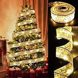 Christmas Tree Decorations Ribbon Lights, 32ft 100 LED String Lights, Battery-Powered Copper Wire Christmas Tree Ribbon Lights for Holiday Party Weddings Indoor Christmas Tree Decorations (Gold)