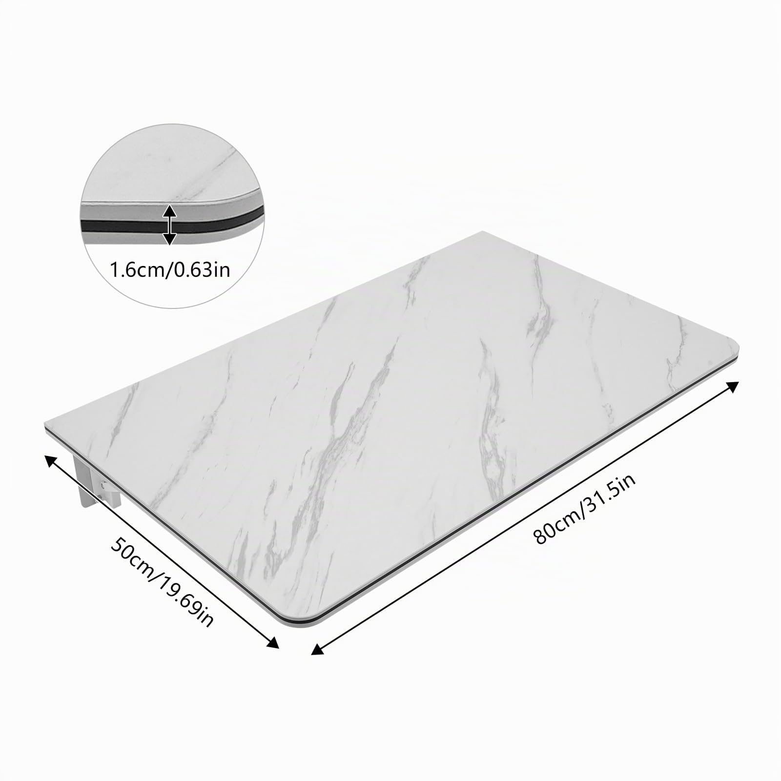 Wandklapptisch Küche, Wandklapptisch 30KG MDF Wandbefestigung Zusammenklappbar mit Metallhalterungen fur Esstische, Schreibtische, Kredenzen Weiß (80 x 50 cm)