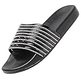 Zkyo Pantoletten Damen Sommer Flach Bade Schlappen mit Blumen Strass Frauen Weiche Rutschfest Strand Badeschuhe Schwarz Größe 41