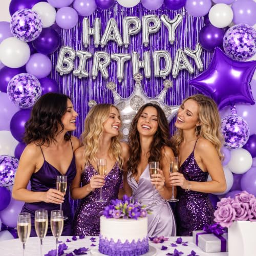 Image of Purple Birthday Decorations for Women | Happy Birthday Balloons and Star Crown Balloons, Fringe Curtain and petals for Women Girls Princess Party