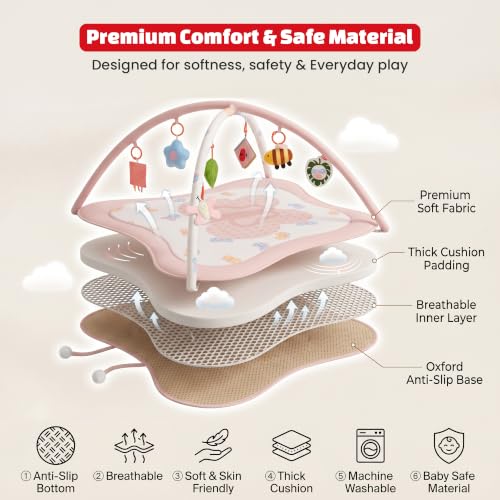 Image of Baybee 2 in 1 Premium Baby Play Gym & Activity Mat for Babies with Extra | Soft Cushion | Portable Playing mat for Kids with Sensory Toys | BPA Free Play Mat for New Born Baby up to 36 Months (Pink)