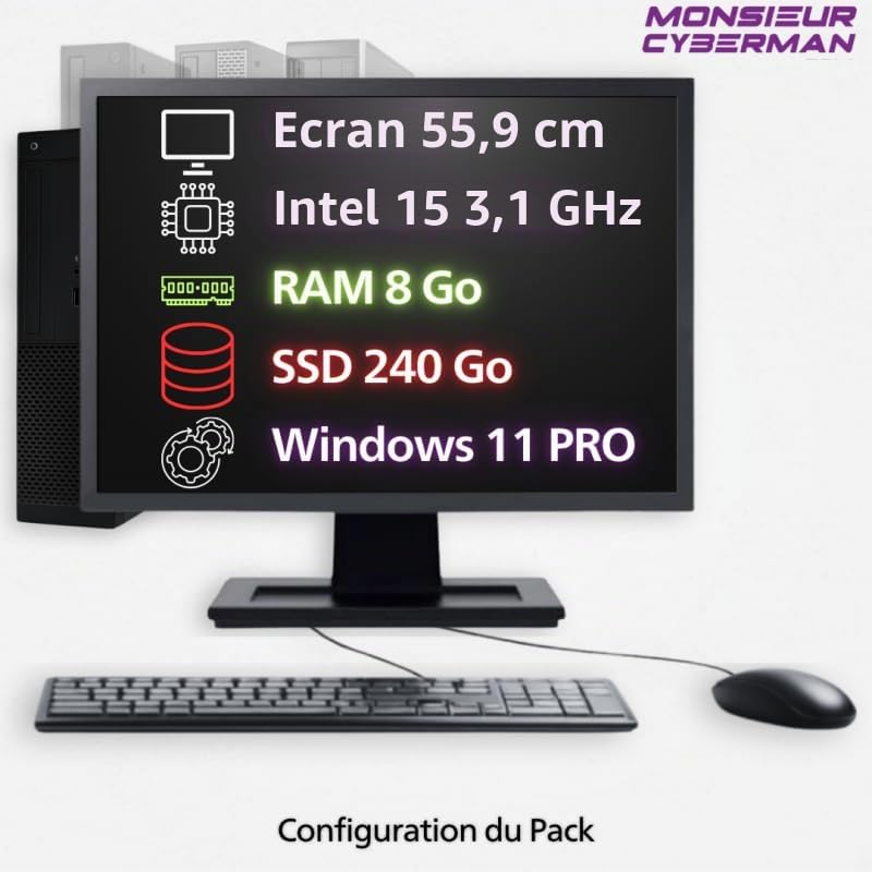 Générique PC i5 32Go 240Go SSD W11 WiFi + Ecran 22", Clavier + Souris