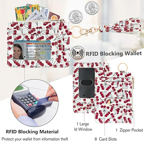 Image of KNGITRYI Wristlet Wallet for Women,RFID Keychain Wallet with Beaded Strap | 8 Card Slots,ID Window,Zipper Pocket,Leather Tassel,Compact Design